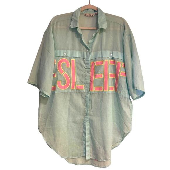 Vintage 80s ESleep Blue Pink Intimates Button Down Night Sleep Shirt Size Medium - Picture 1 of 16